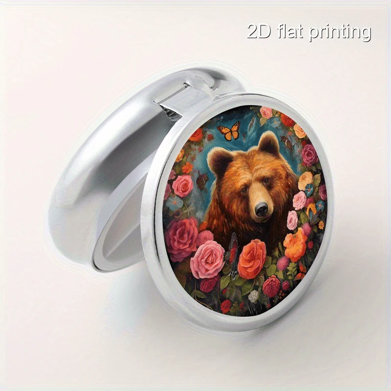 Rose Bear Creative Printed Pattern Round Metal Box with 3 Compartments, Portable Mini Metal Box, Vitamin Metal Box, Portable Metal Box for Home and Travel, Multi-Functional Compartmentalized Storage Box for Decorations, Earrings, and Jewelry, Multi-Compartment Small Metal Box, Sealed and Moisture-Proof, Unique Holiday Gift for Family and Friends
