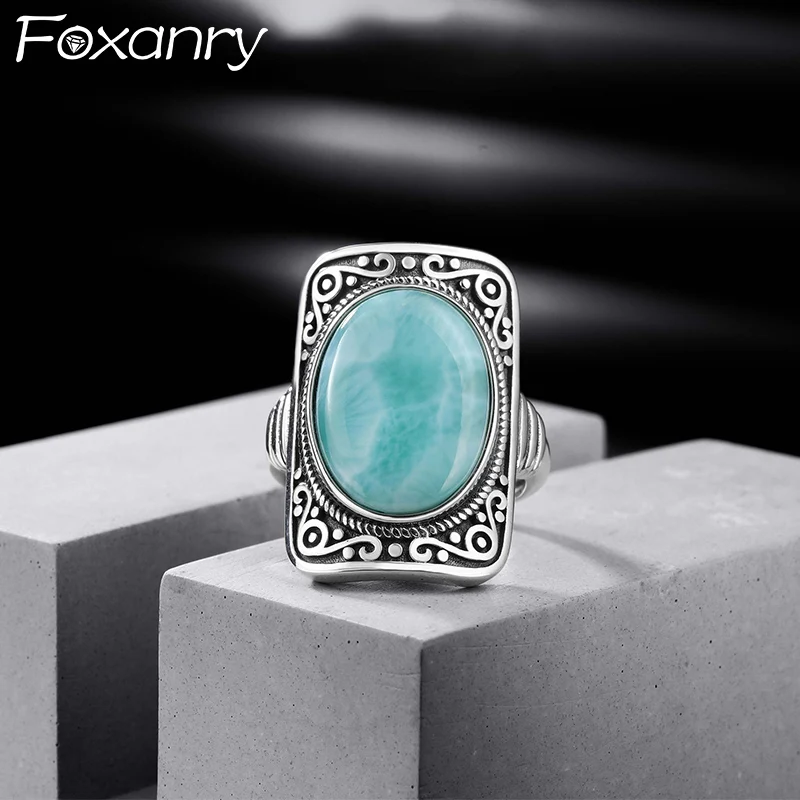 Foxanry Silver Color Zircon Rectangle Ring For Women Girls Vintage Creative Elegant Ethnic Personality Anniversary Jewelry Gifts