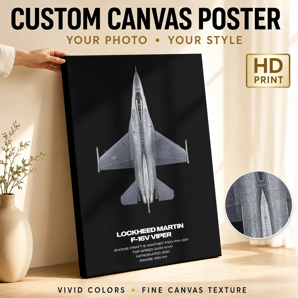 F-16V Viper Aircraft Canvas Print With Wooden Frame Personalized Photo Annotated Technical Linework Wall Art For Home Office