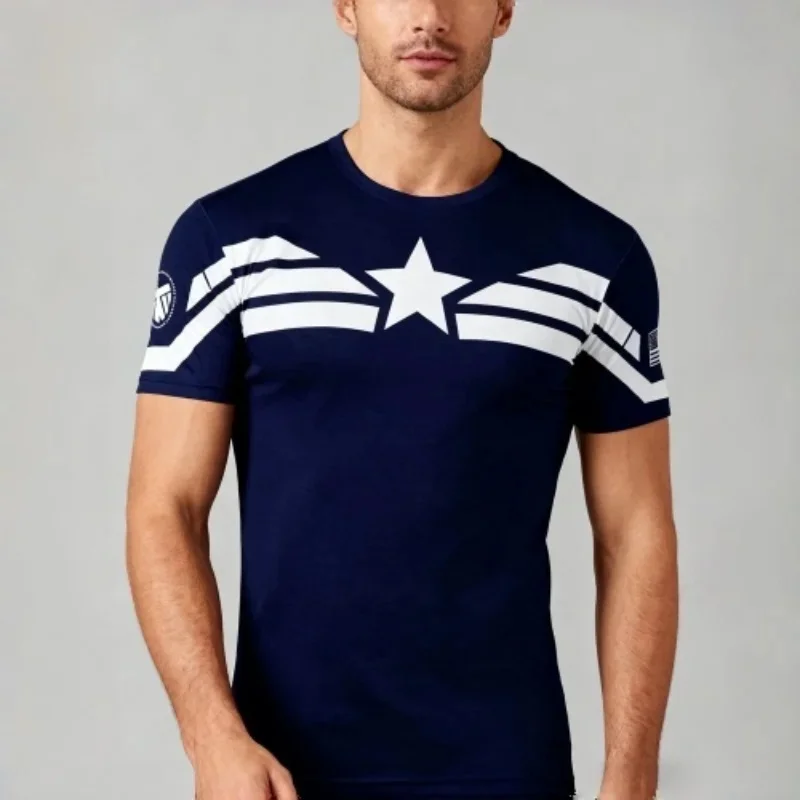 Men's Compression Tshirt Star Striped Quick Dry Elastic Short Sleeve Gym Training Muscle Fit Football Running Sports Shirt
