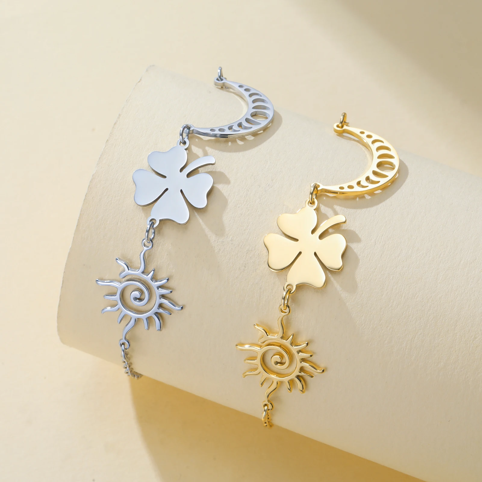 1PC  Lucky Clover Sun Roll Bracelet Stainless Steel Moon Phase Moon Shape Bracelet Fashion Party Jewelry Gift