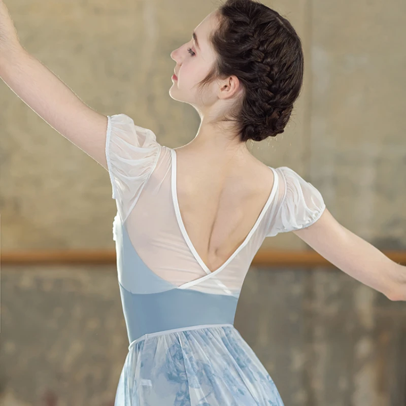 short sleeves embroidered mash V back ballet dance leotard gymnastics jumpsuit women yoga clothes girls practice ballet leotard