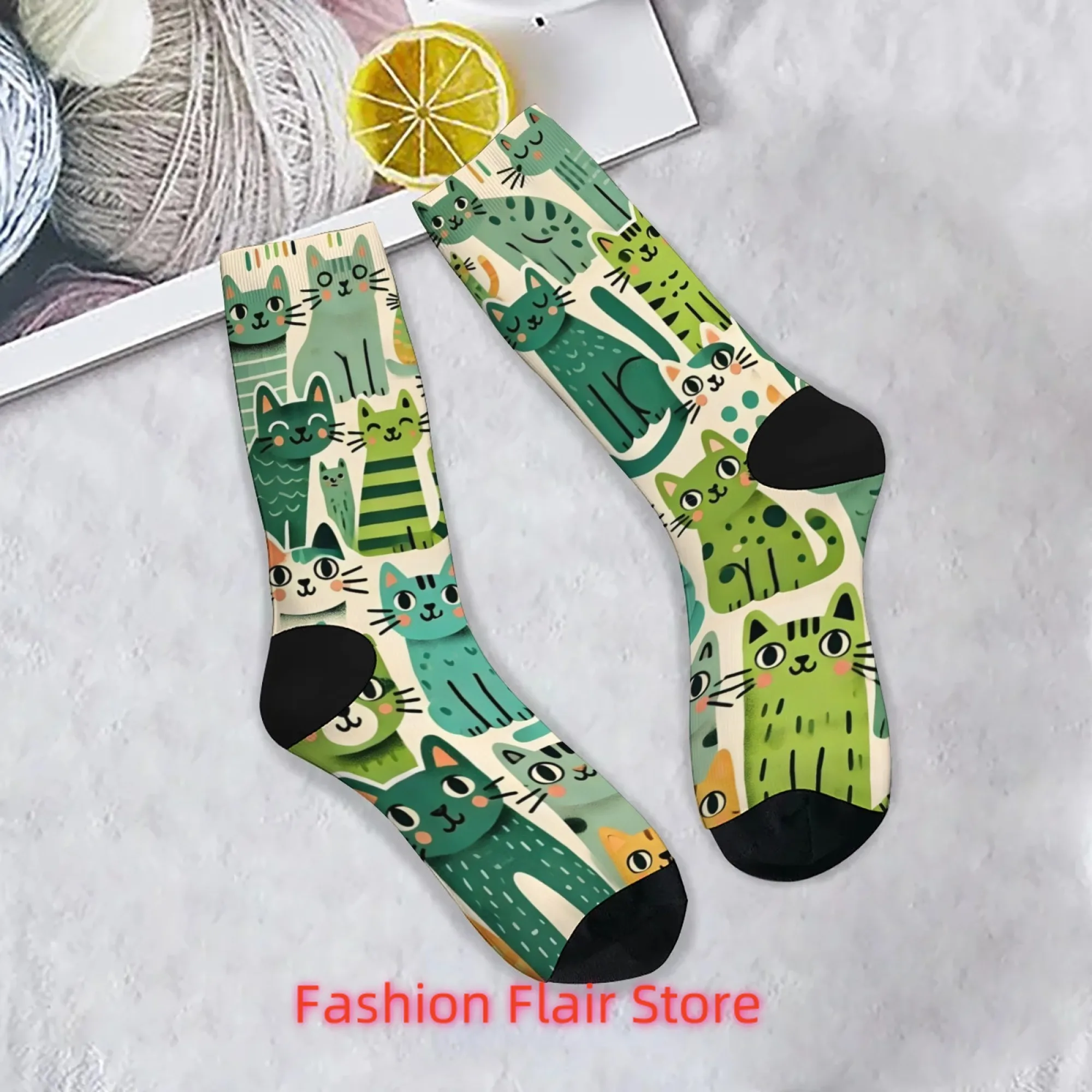 

Cartoon Cat Print Men's Socks Comfortable Breathable Non-slip Casual Socks Harajuku Retro Street Compression Socks Party Gift