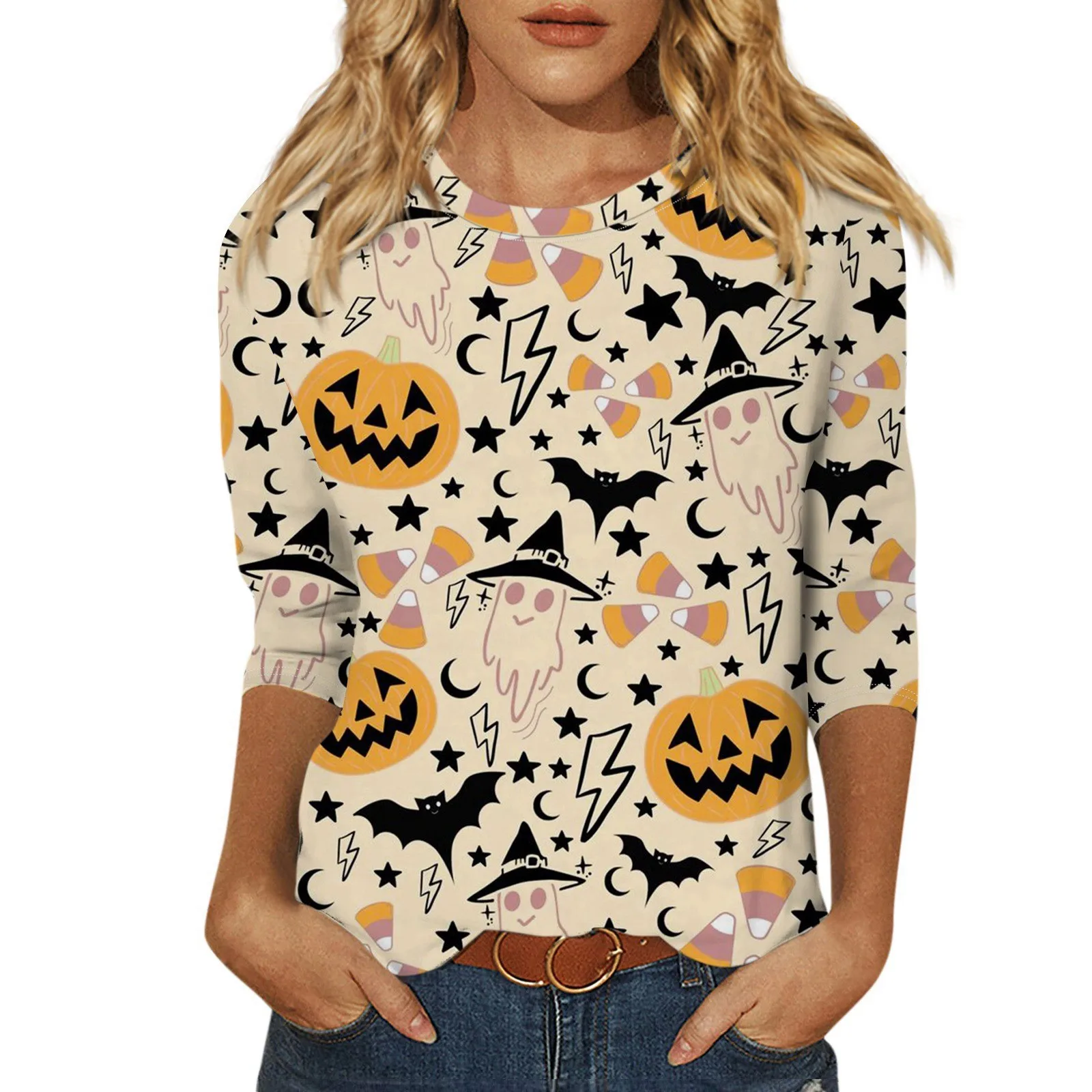 Women\'s Fashion Casual Round Neck 3/4 Sleeve Loose Halloween Printed T-Shirt Ladies Top Tops for Women Womens Tops and Blouses