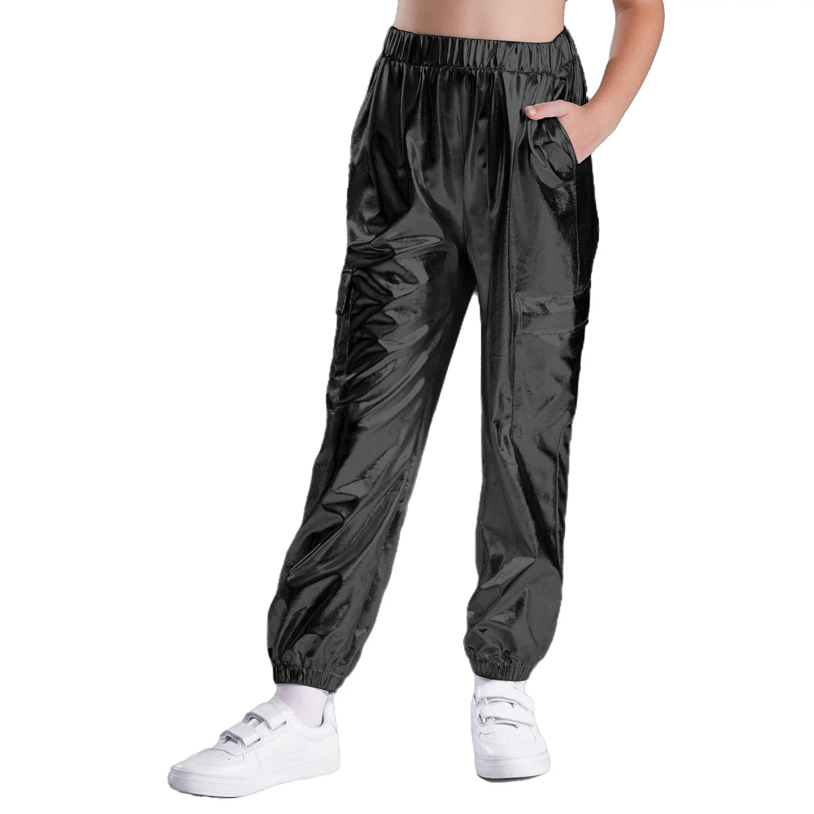 Kids Boys Girls Metallic Shiny Pants Elastic Waistband Hip-Hop Pants Fashion Children Trousers Teens Street Jazz Dance Costume