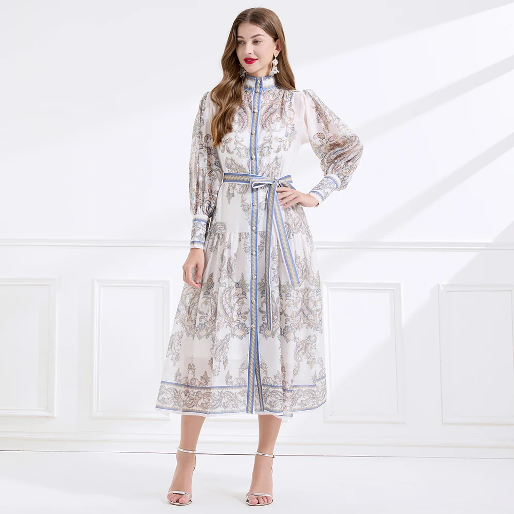 Jesienna Francuska Suknia Wieczorowa w Stylu Retro Królewskiego Dworu Damska Sukienka z Stójką Zapinana na Guziki z Nadrukiem Długa Elegancka Sukienka na Imprezę Formalną