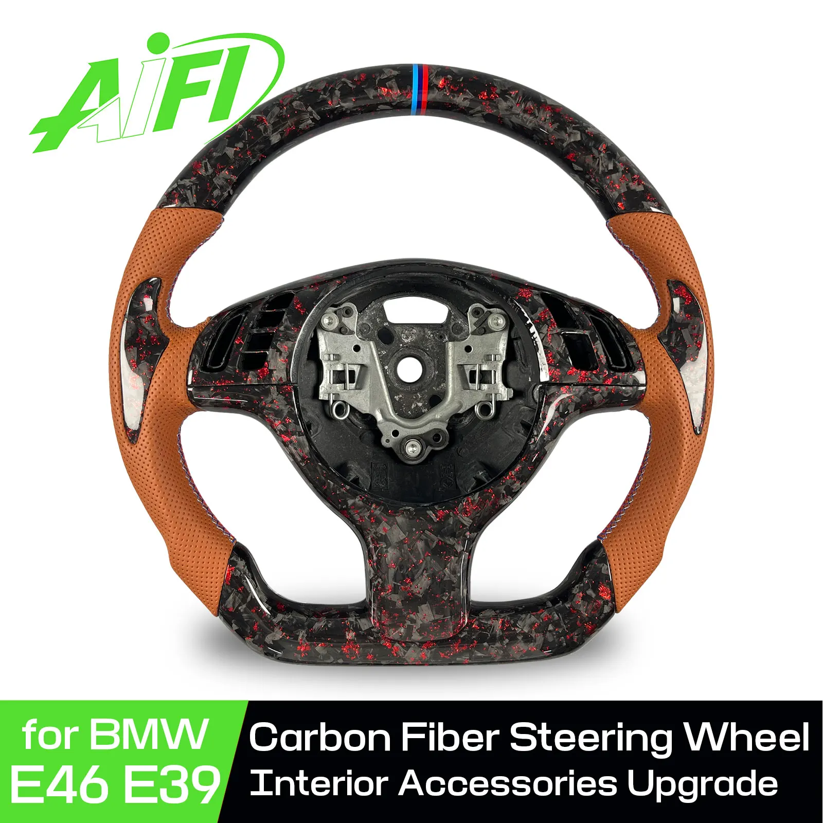 For BMW E39 E46 M3 M5 330i 330Ci 2001-2005 Upgrade Custom Red Forged Carbon Fiber Steering Wheel with Leather Grips