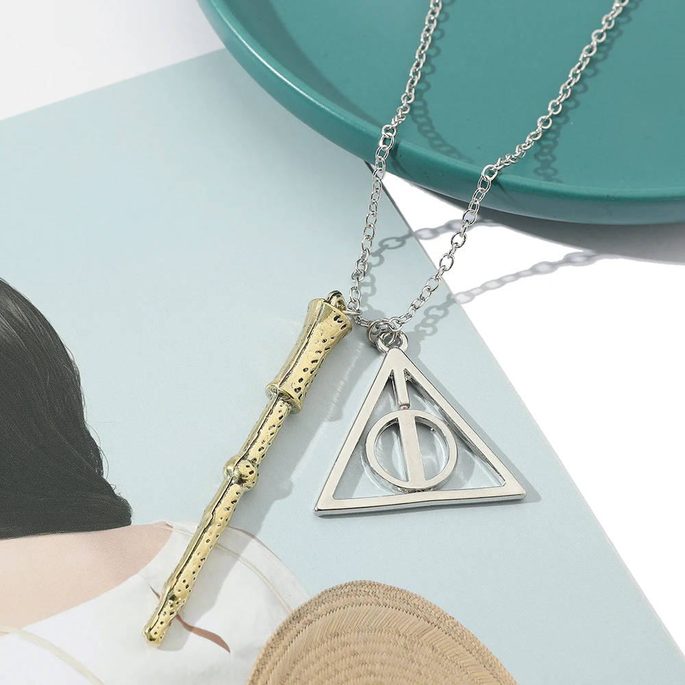 Deathly Hallows Triangle & Magic Wand Necklace - Vintage Creative Movie Character Pendant Accessory for Friends Gift
