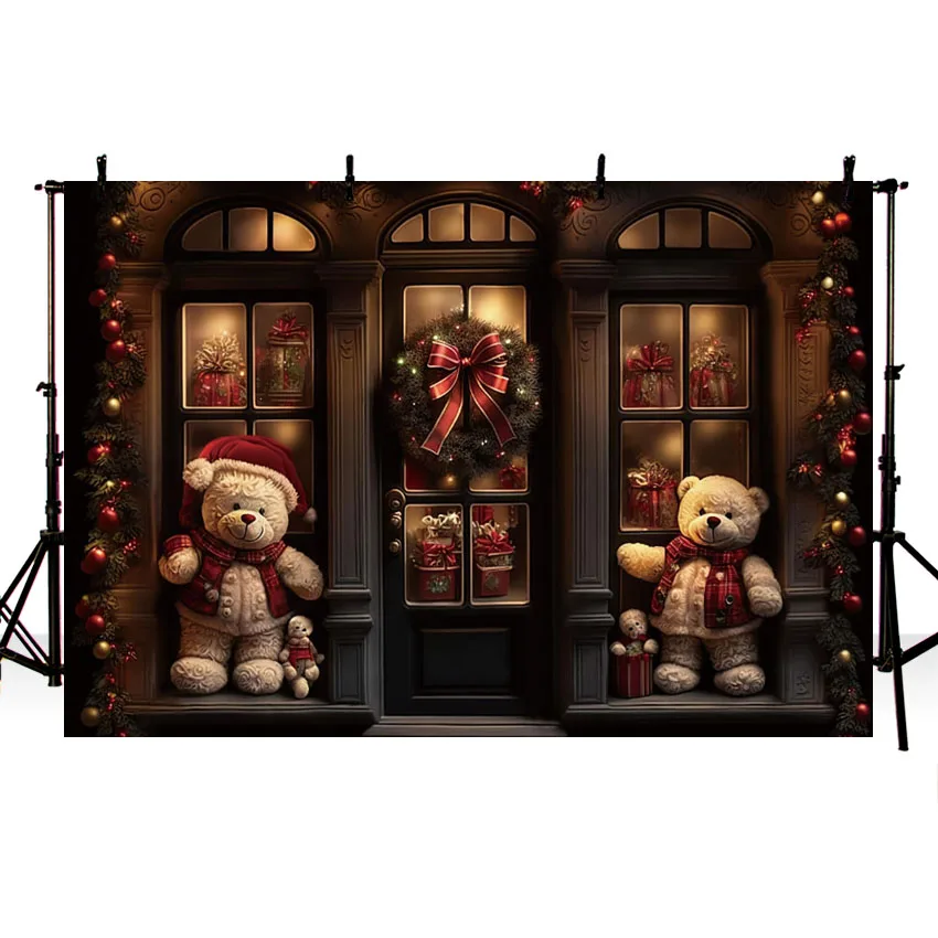 Mehofond Photography Background Winter Christmas Window Candy Shop Bear Kids Family Party Portrait Decor Backdrop Photo Studio