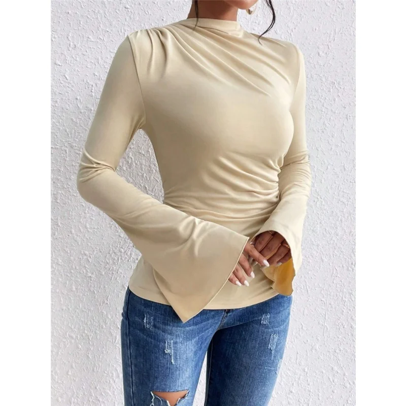 New autumn winter fashion versatile pleated slim fit T-shirt elegant flared sleeve stand up collar women's solid color T-shirt