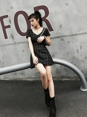 Ruibbit New Autumn Summer Preppy style Gothic Girls Sexy V Collar  Dress Grey Balck Plaid Women Mini Short Dresses