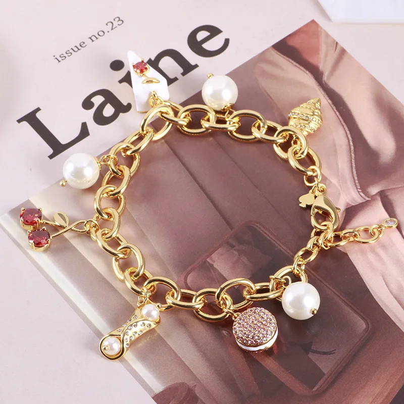 

17.5+5.5cm 1:1 Brand Enamel Cake Cherry Horns Pearl Bracelets For Women anniversary gift for girlfriend love bracelet