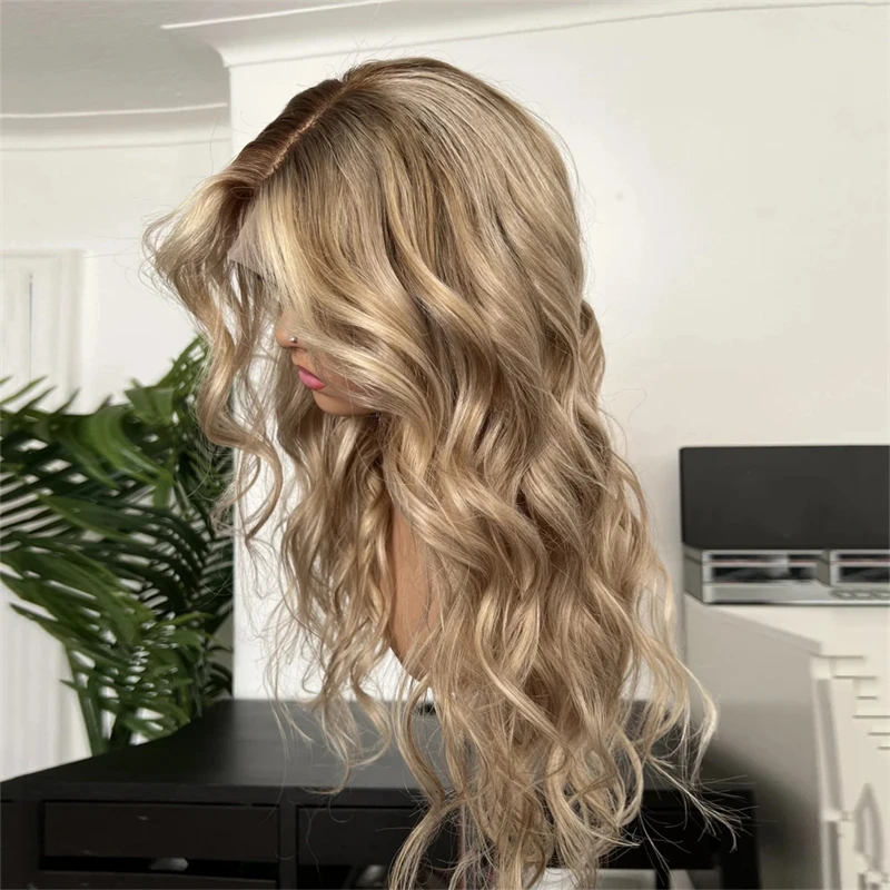 

Free Part Wig Ombre Blonde Brown Balayage Lace Front Wig with Dark Roots 26 Inch Glueless Wig Premium Human Hair Blend Wig Party