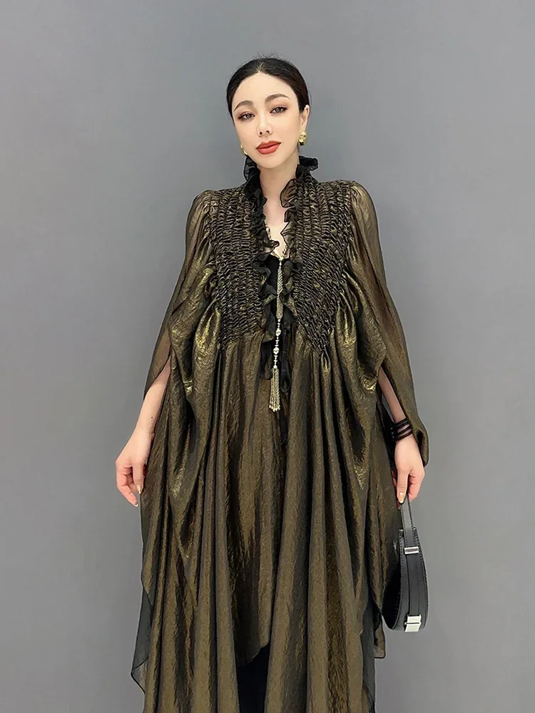 SHENGPALAE Batwing Sleeve Dress For Women Stand Collar Patchwork Folds Solid Color Loose Waist Vestido Summer 2024 New 5R4469