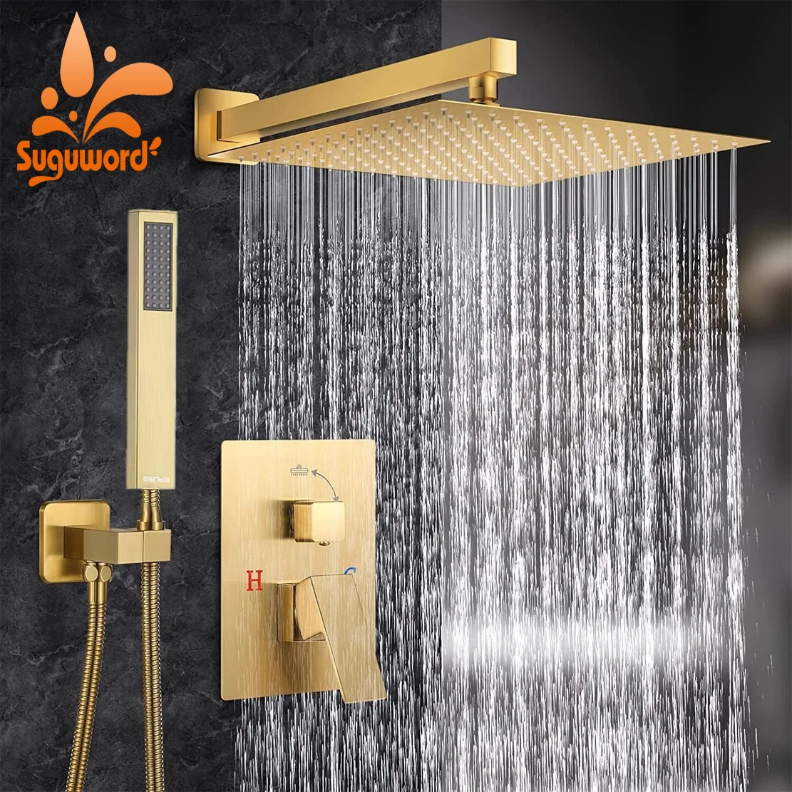 Grifo de ducha de baño dorado cepillado, instalación oculta, juego de ducha de lluvia de 2 vías, sistema de ducha montado en la pared, grifo mezclador frío y caliente