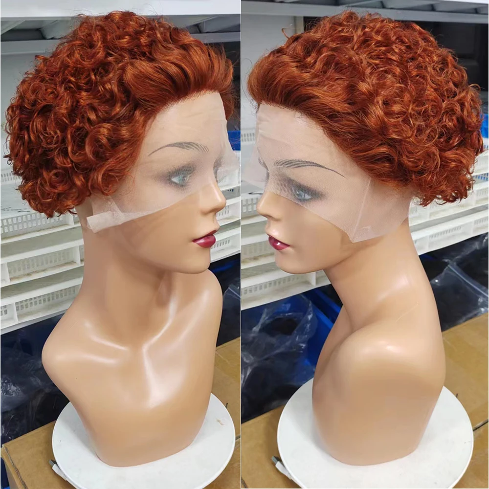 Peluca de corte Pixie Bob corto para mujer, peluca naranja con malla frontal 13x1, pelo Remy transparente, barata