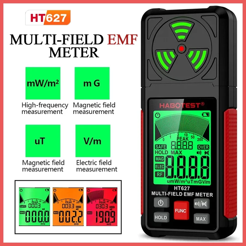 HT627 EMF Meter Electromagnetic Radiation Tester Electric Field Magnetic Field RF Radiation Radio Frequency Detector Warn Meter