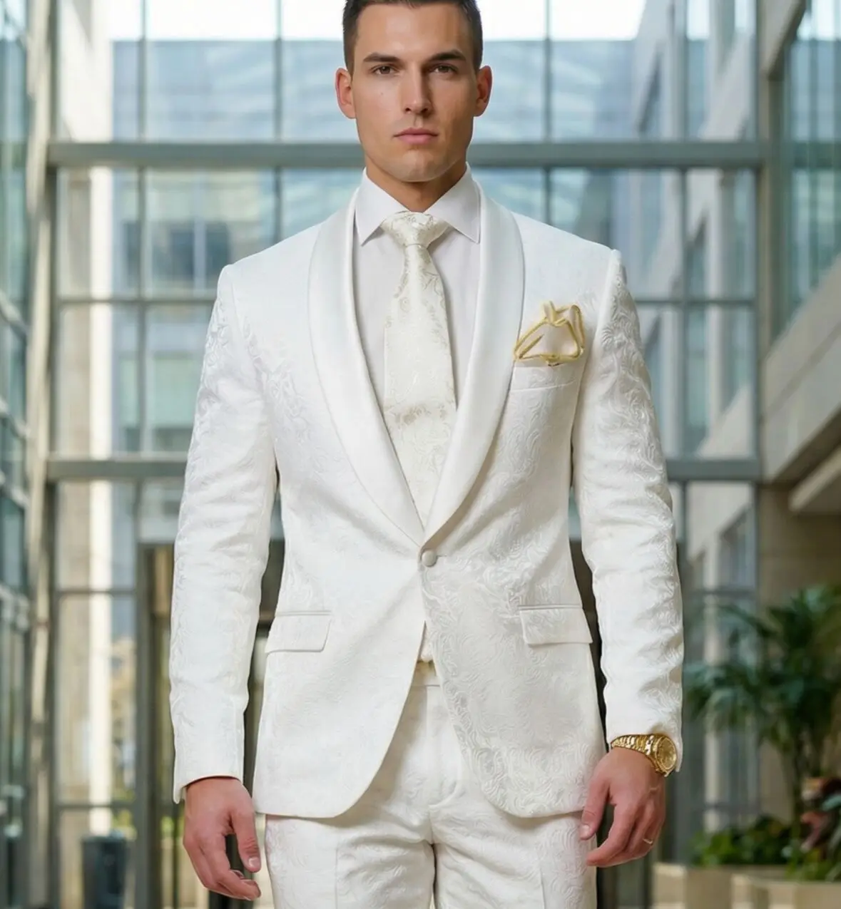 

2026 Groomsmen White Pattern Groom Tuxedos Shawl Satin Lapel Men Suits 2 Pieces Wedding Bridegroom