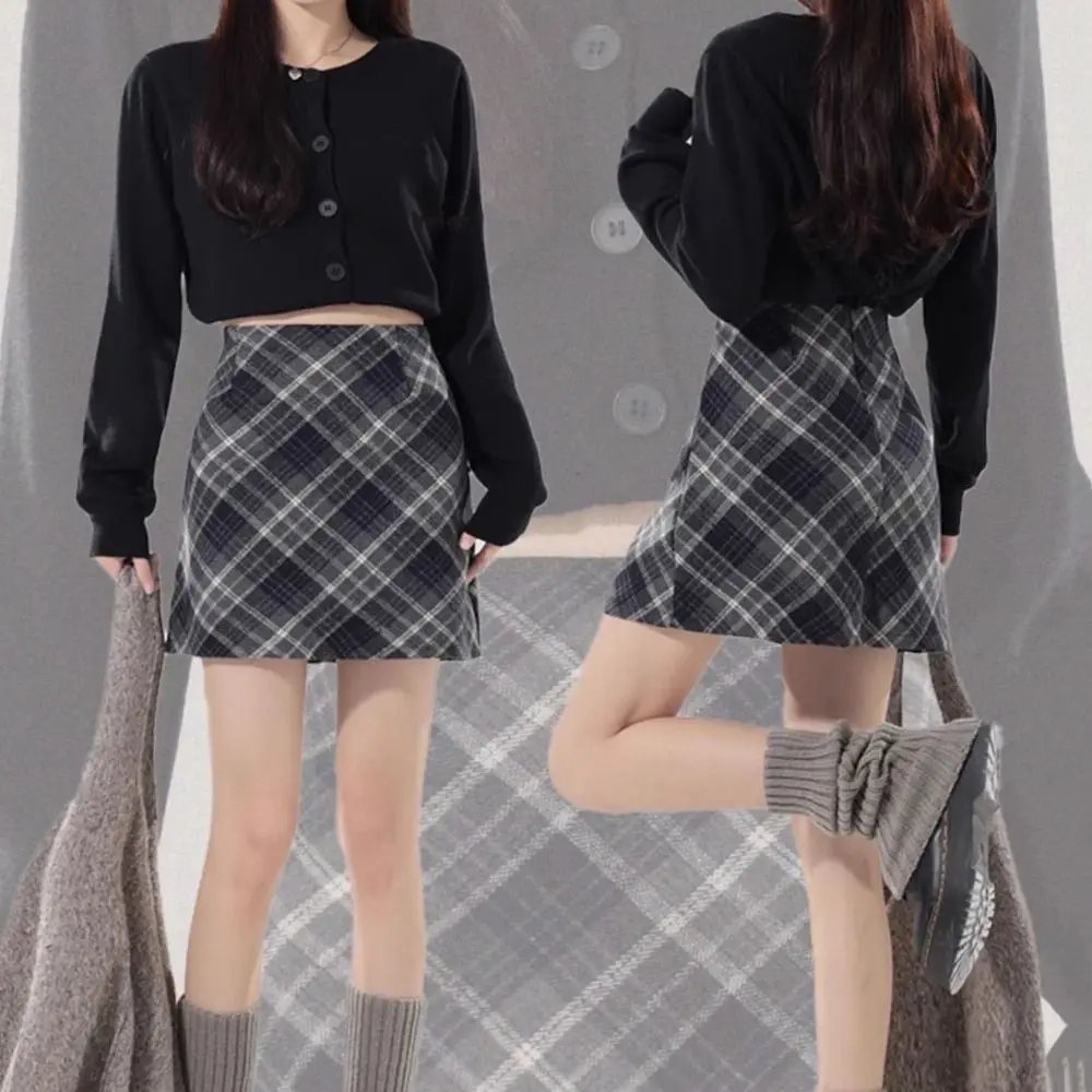 Falda a cuadros Retro elegante de cintura alta, falda larga ajustada de cintura alta para invierno y otoño, estilo Preppy, medio vestido clásico de corte a para mujer