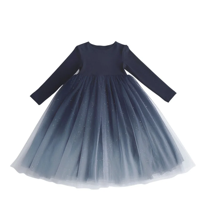 Autunno e inverno ragazze per bambini spessa morbida a maniche lunghe con strass sfumato gonna di garza vestito da principessa