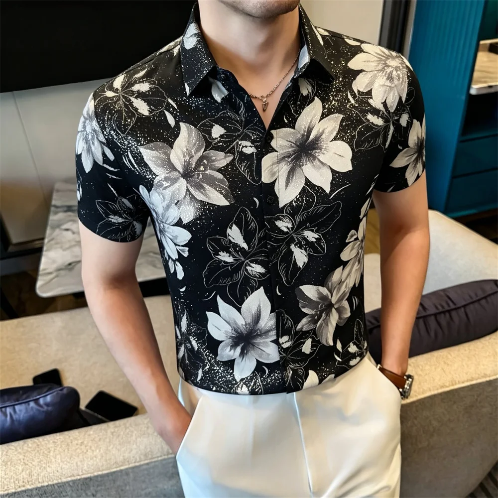 

Fashion Streetwear Shiny Short Sleeved Men Floral Shirts Summer Elegant Flower Printed Man Shirt Beach Slim Fit Hawaiian Blouse