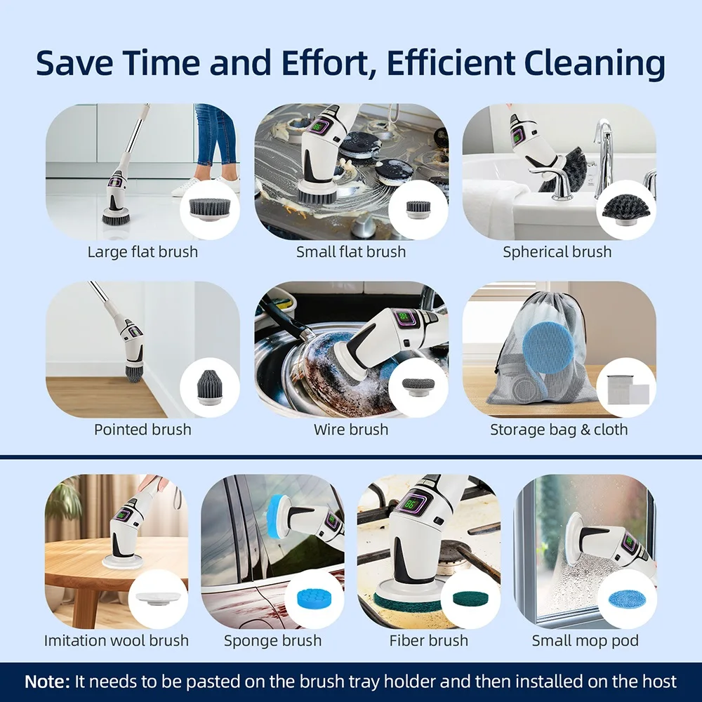 10-IN-1다기능 청소 브러시 ​​전기 스핀 스크러버 회전 바닥 Windows 브러시 클리너 욕실 주방 화장실