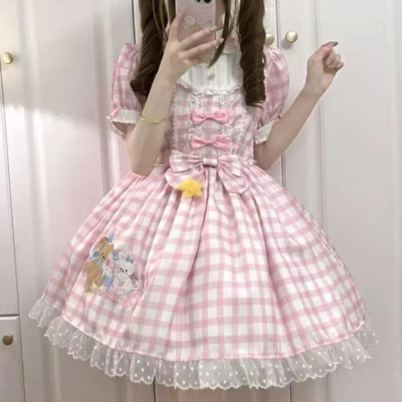 

Bunny Bear Embroidery Dresses Y2K Sweet Pink Lolita OP With Lace Bows Soft Girl Y2K Fairycore Puff Sleeve Outfit (No Headband)