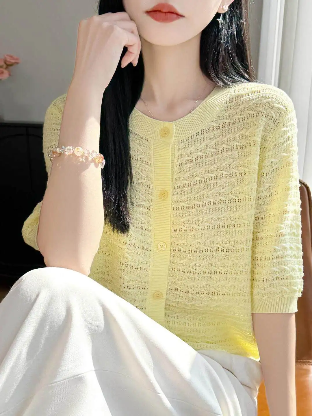 round Neck Lace Hollow out Knitted Short Sleeve Women's Top Summer New Style  Lazy Slimming Wheat Ear Shirt