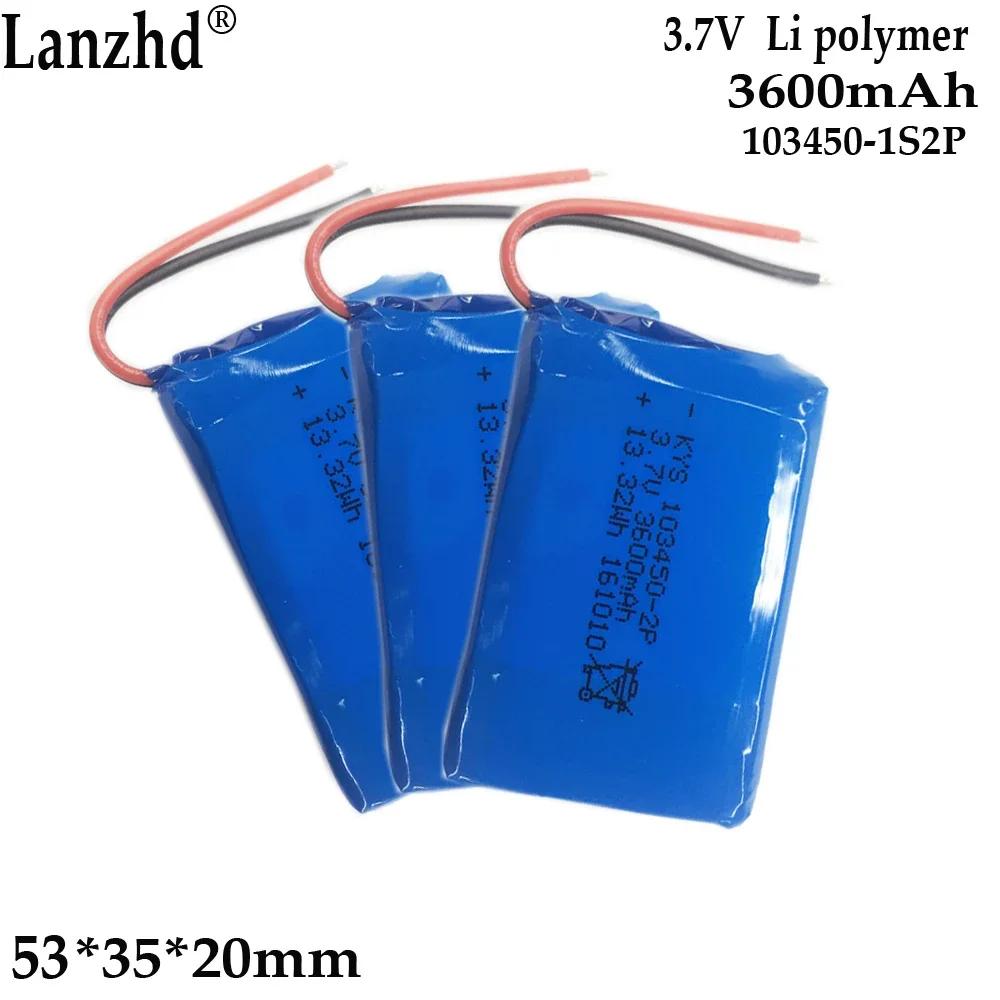 3.7V polymer lithium battery pack For Beauty instrument Medical equipment Massager Rechargeable lithium battery 103450-2P 3600mA