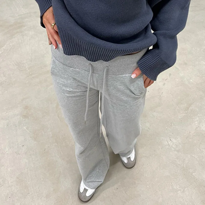 رمادي الرباط الخصر Sweatpants المرأة الصلبة بسيطة الأساسية الحد الأدنى اللياقة البدنية ركض السراويل المستقيمة