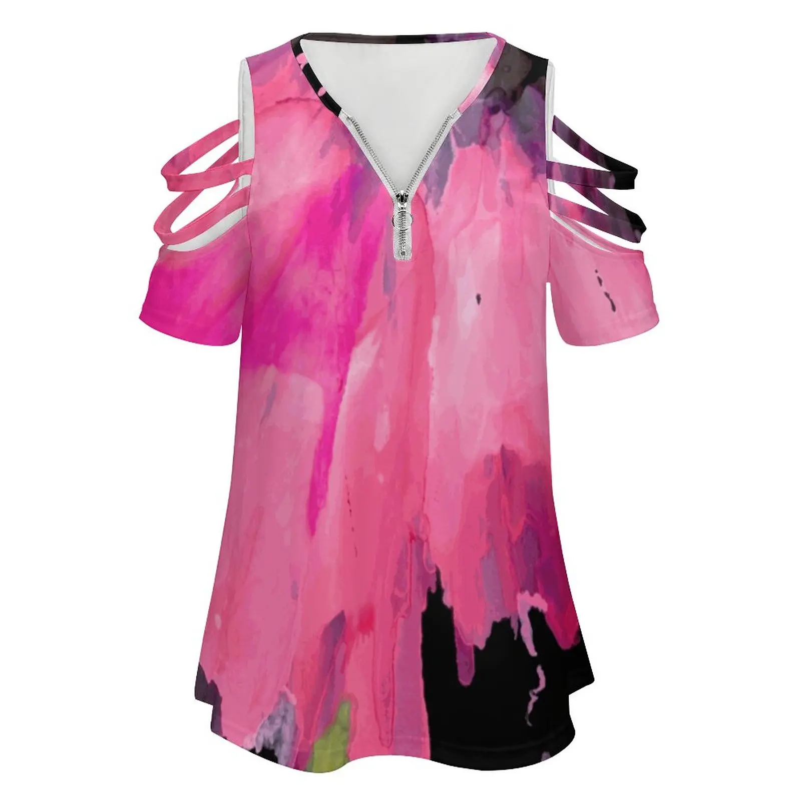Pretty In Pink Women's T-Shirt New Fashion Printed Zipper V-Neck Short Sleeve T Shirts Casual Plus Size Flowers Pink Floral