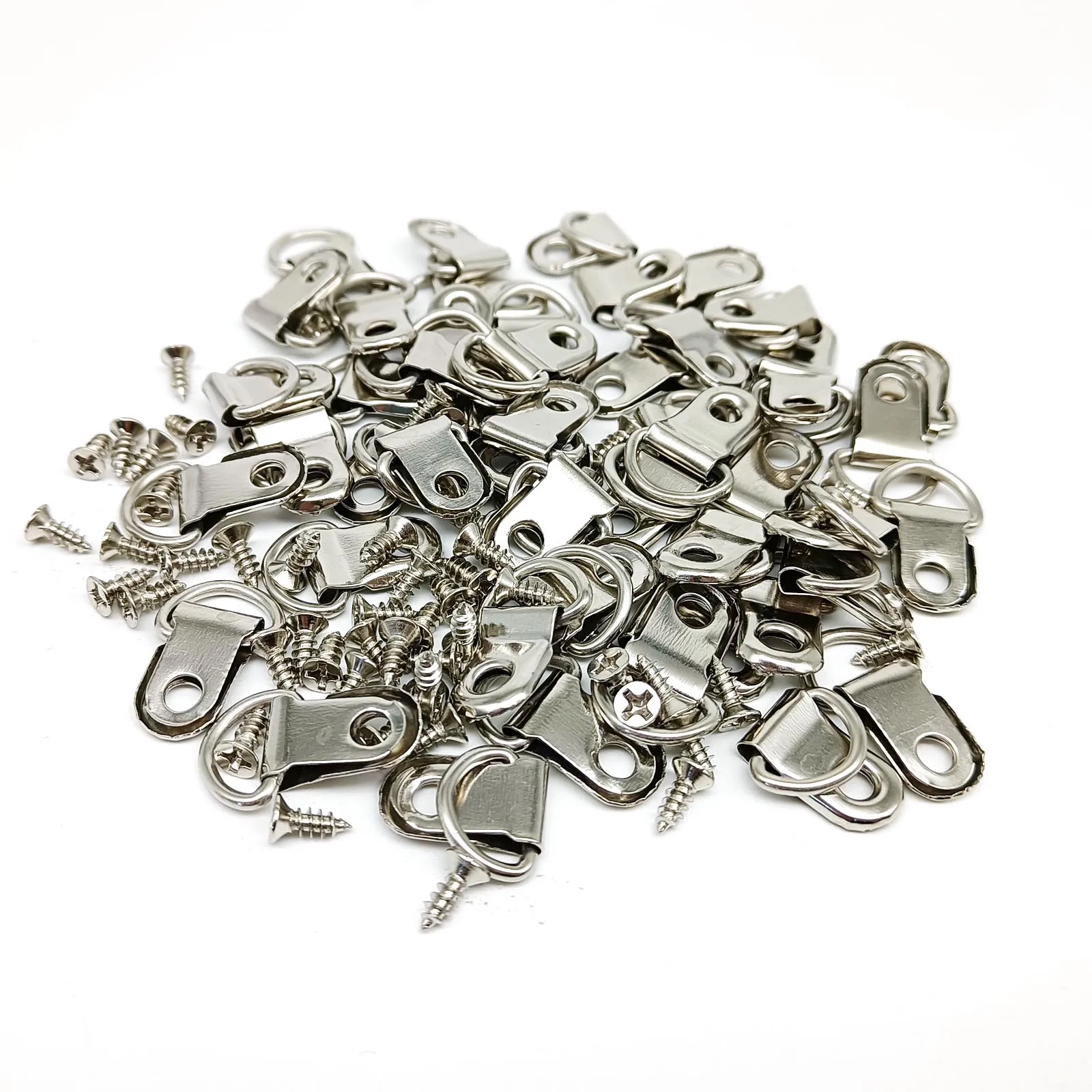 100pcs/box Picture Frame Hangers Hooks for Oil Painting Photo Mirror Wall Triangle D-Ring 50pcs Hangers + 50pcs Screws 15x25mm