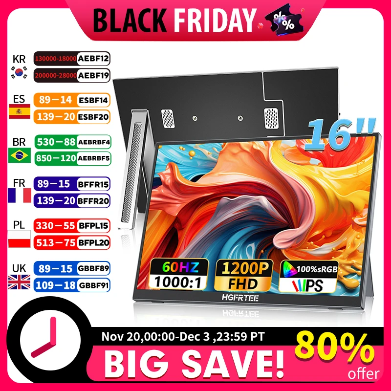 

Портативный монитор HGFRTEE 16 дюймов, 100% SRGB, 1200P, FHP, IPS для ноутбука, Mac Surface, ПК, PS4/PS5, Xbox, встроенные колонки, установка VESA