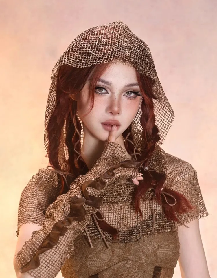 Original Design Subculture Wasteland Heavy Lace Covering Dark Mesh Headdress Balaclava Cape