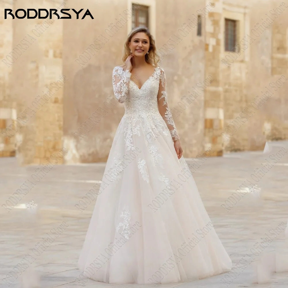 RODDRSY gaun pernikahan elegan untuk wanita, 2023 pengantin punggung terbuka lengan panjang leher V gaun pengantin Applique A-Line vestido de noiva