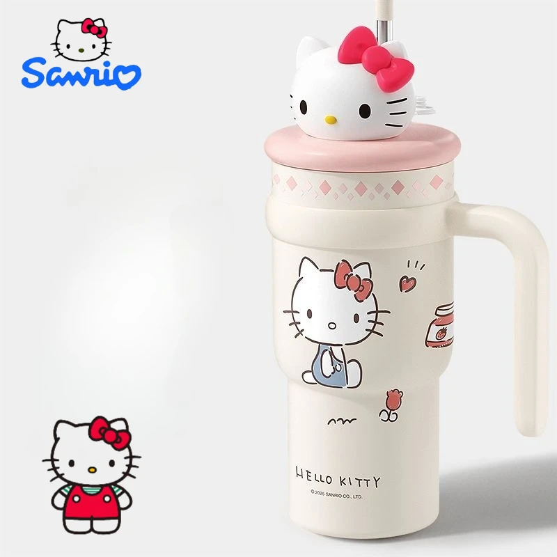 

Sanrio Hello Kitty cartoon cute straw thermos creative Kawaii girls home office large capacity coffee cup gift wholesale.