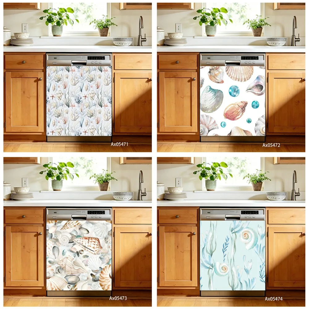 Watercolor Coral Jellyfish Starfish Ocean Dishwasher Door Wrap Sticker for Wall Decals Home Cabinets Wardrobe Decoration