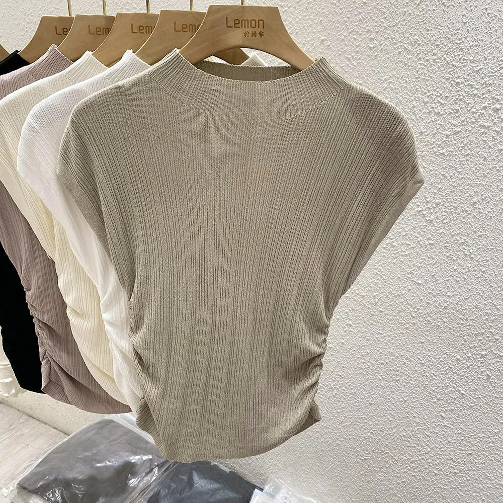 2026 Spring Summer Ice Silk Knit T-Shirt Half High Neck Waist Slimming Unique Design Slim Fit Short Sleeve Inner Tops