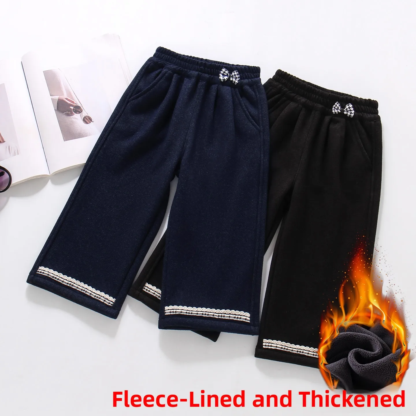 

Детские джинсы для девочек на флисовой подкладке, вязаные, повседневные, свободного прямого кроя, осенне-зимние, модные, детская одежда, зимние штаны для малышей