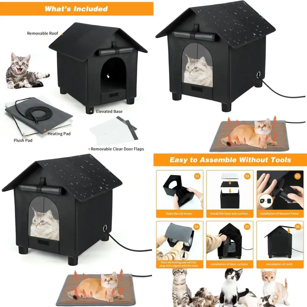

Waterproof Insulated Outdoor Cat Shelter with Escape Door, Elevated and Heated for Feral Cats or Small Dogs (Black, Small)