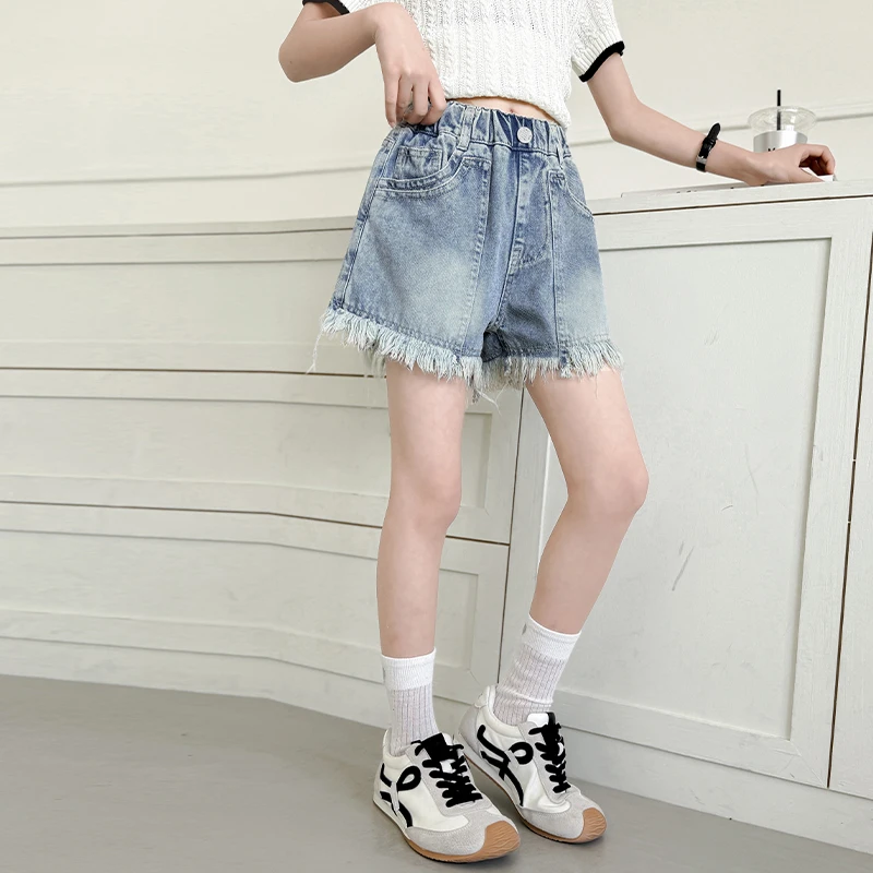 Stylish Teen Girls Distressed Casual High Waist Denim Shorts With Raw Hem Kids Child Wash Blue Mini Shorts Age 5 6 8 10 12 14 T
