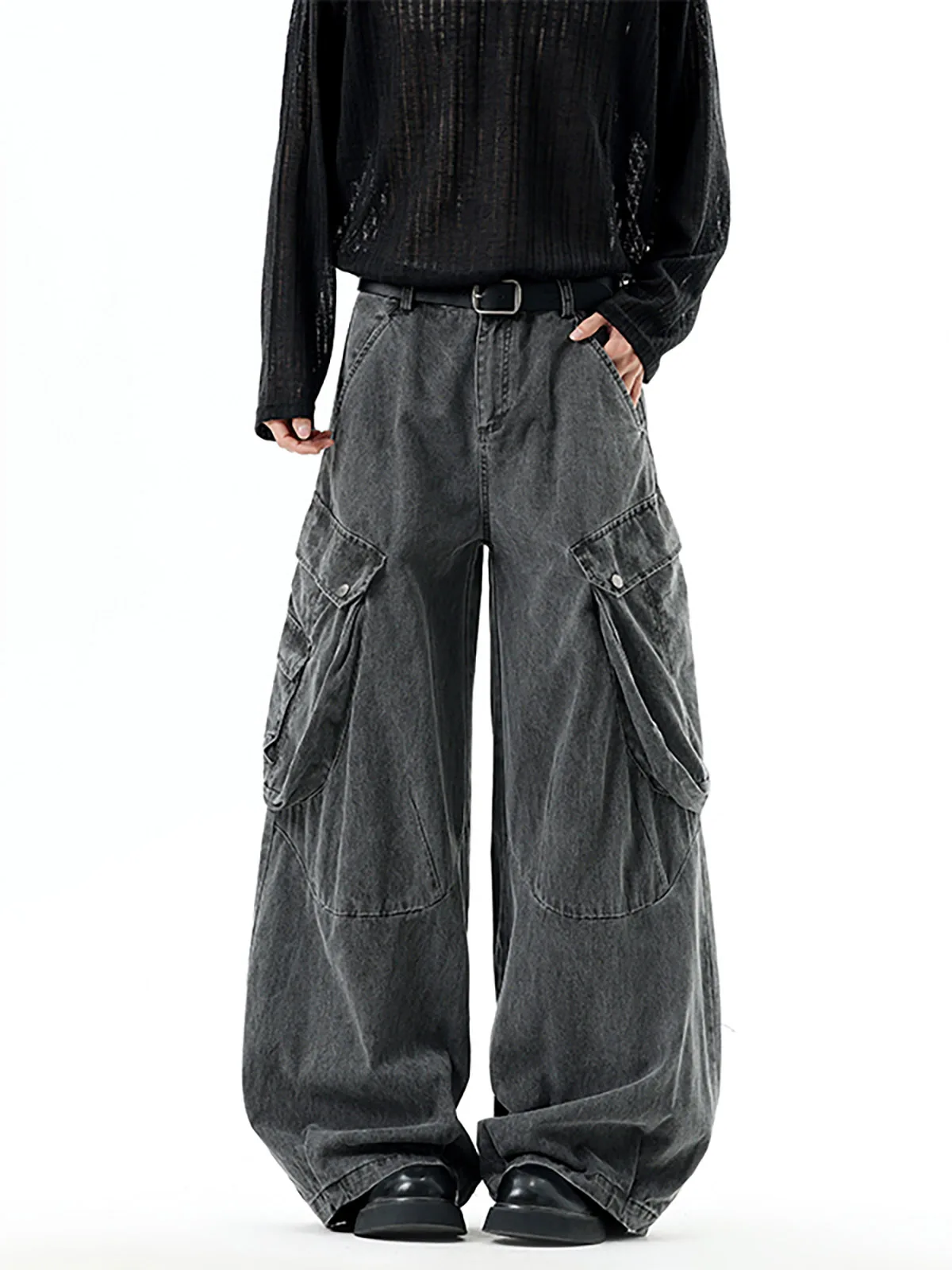 Vintage Distressed Wide Leg Knife  Jeans Men's Washed Loose Fit Workwear Floor Length Trousers Youthful Style Straight Cut