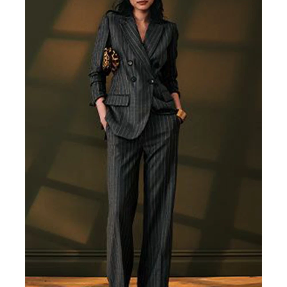 Women\'s Striped Two-piece Business Suit Woman Clothing Chic and Elegant Woman Pants Set Wear to Work Double Breasted Jacket Sets