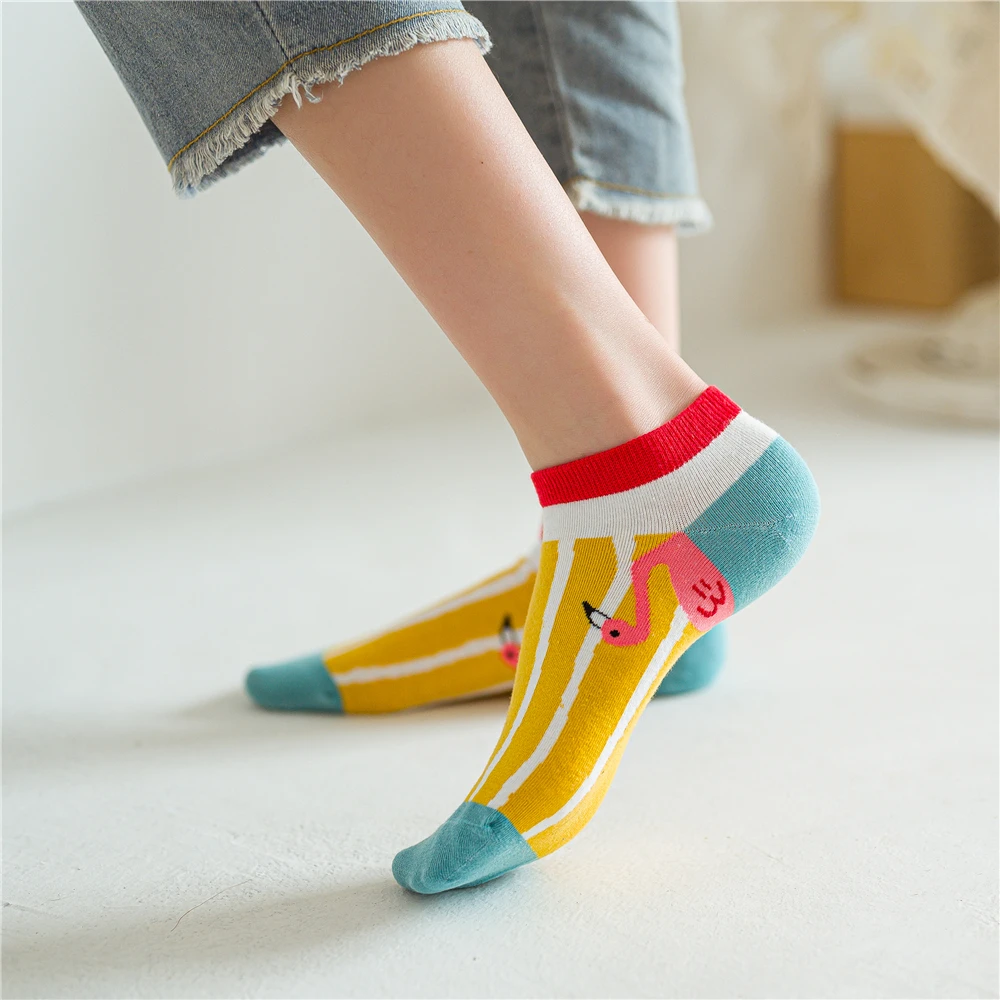 

New Flamingo Patterned Short Ankle Socks Women Colorful Harajuku Funny Preppy Style Striped Lattice Sokken
