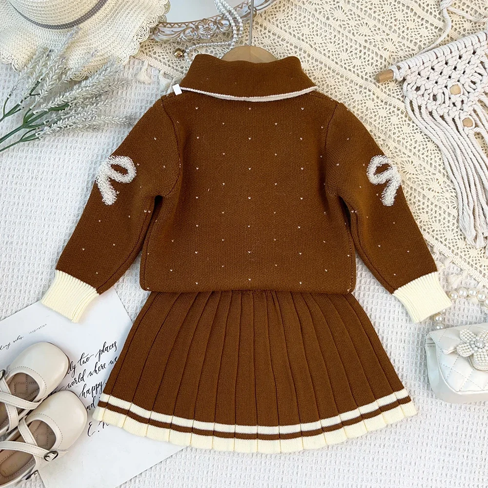 Langärmeliger Pullover für Mädchen, Herbst- und Winterkleidung, Schmetterlingsdruck, Strickoberteil mit Kragen + kurzer Rock, modisches, süßes Kinderset – Detail 11