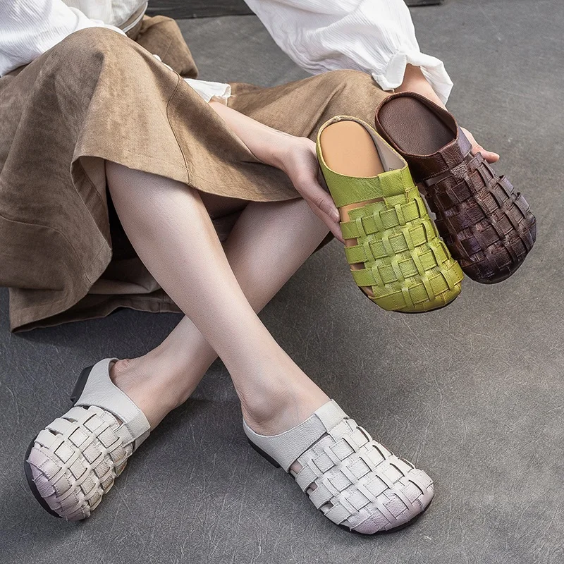 DRKANOL Fashion Women Summer Slippers Handmade Retro Style Weave Genuine Cow Leather Slip On Outside Casual Flat Slides Sandals