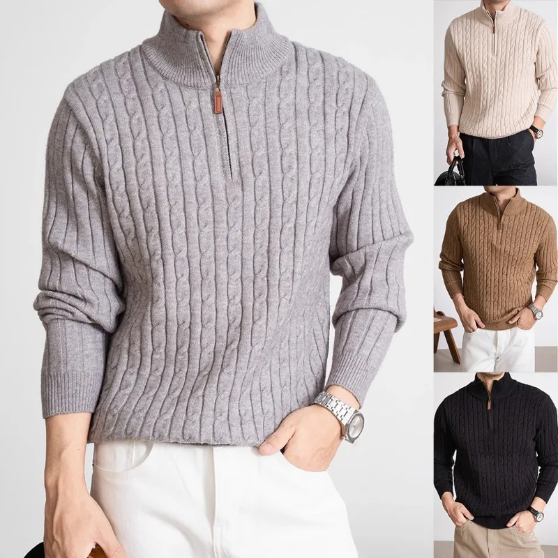 Autumn Winter Cable Sleeve Half-Zip Stand Collar Knit Sweater Men's Business Casual Outerwear