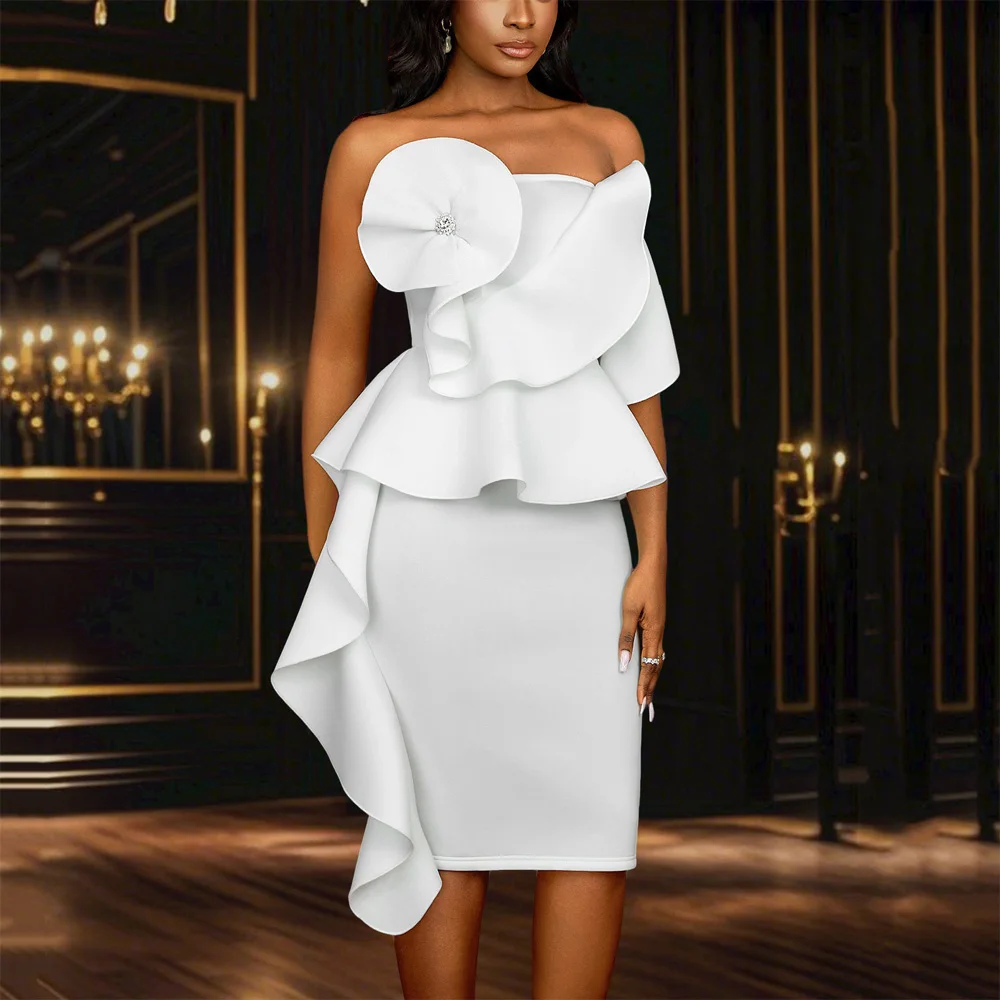 

Elegant White Dresses for Woman Off the Shoulder Ruffles Sheath Mid Calf Luxury High Quality Birthday Party Vestidos Mujer Cloth