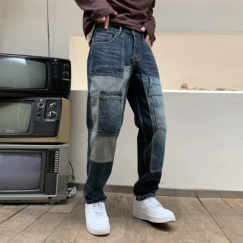 American Style New Fashion Men's High Street Casual Trendy Loose Spliced Multi Pocket Denim Trousers Male Jeans Pants Clothes
