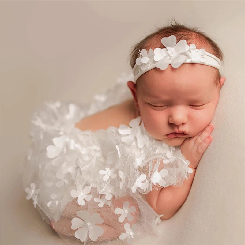 Cute Baby Set Newborn Girl Photography Outfits Embroidery Flower Romper with Headband Baby Photo Shooting Clothes
